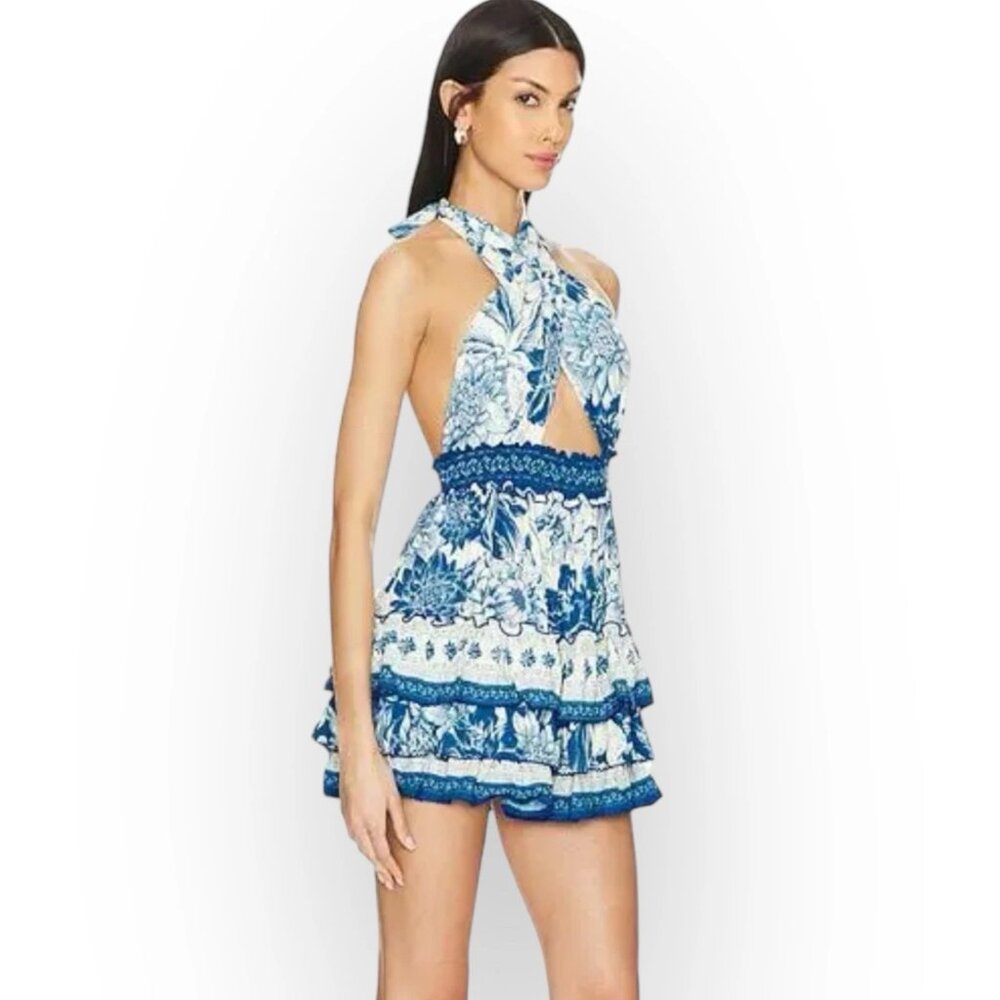 Women’s Agua Bendita Maona Mini Dress Large Halter Neck Stretch Smocked Waist - Picture 3 of 15